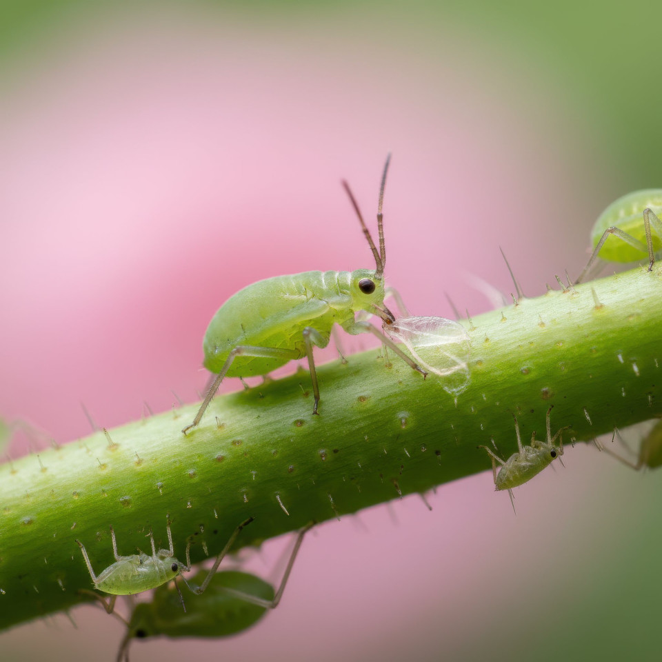 Aphid feeding on rose stem macro google gemini prompt