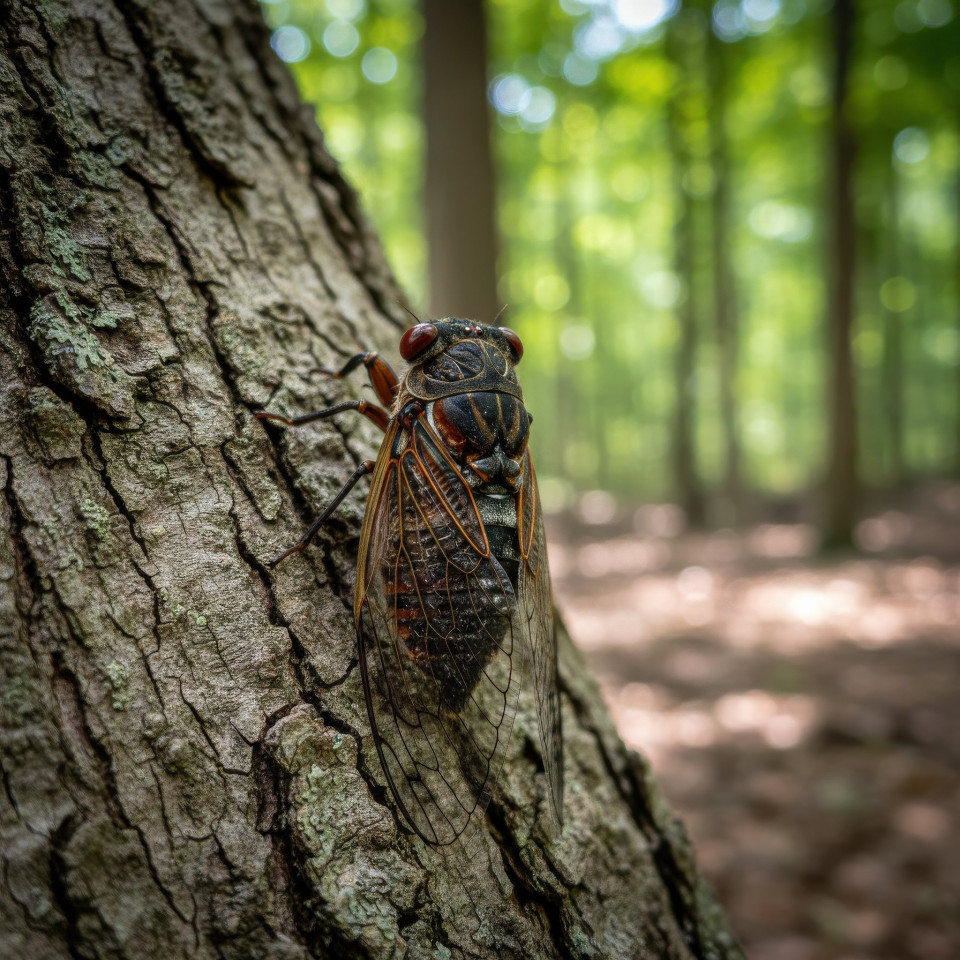 Cicada resting on tree bark macro google gemini prompt