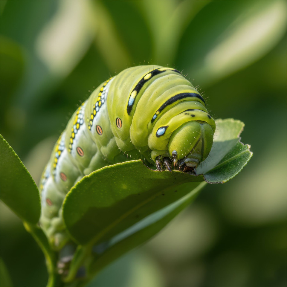 Caterpillar feeding on citrus leaf macro google gemini prompt