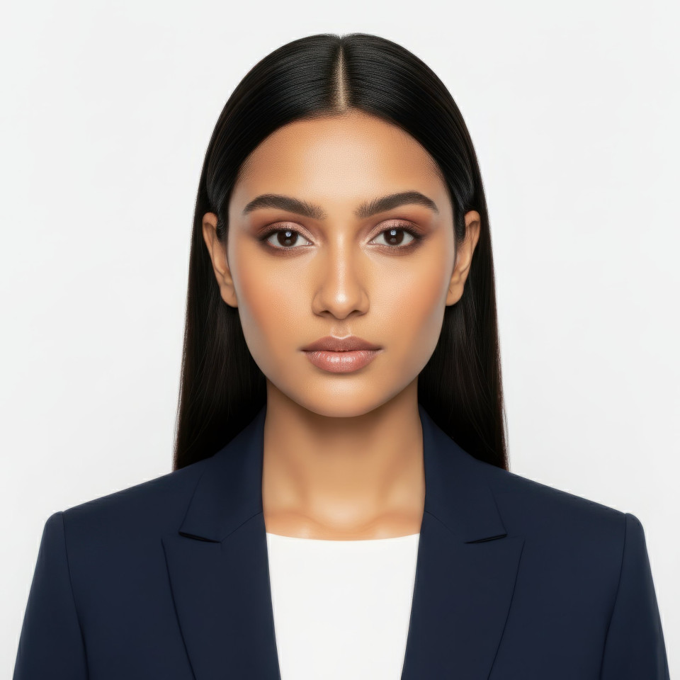 Corporate content creator in navy and white business attire google gemini prompt