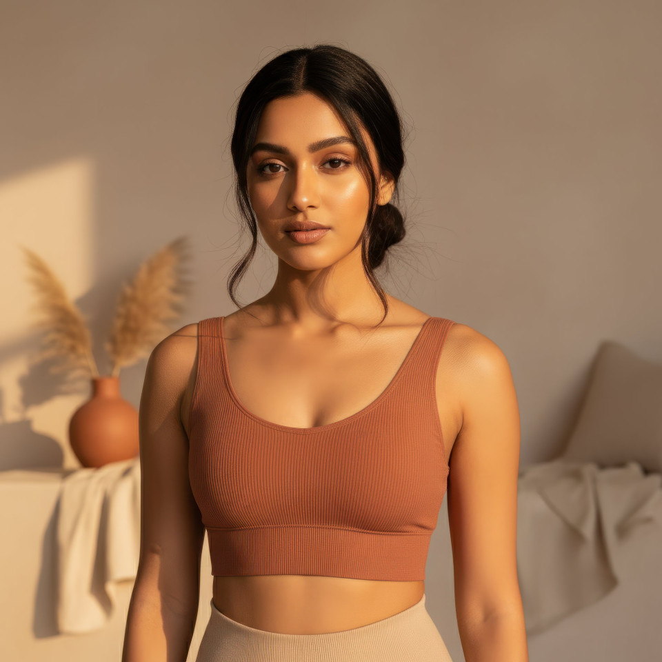 Wellness influencer in soft clay activewear with natural lighting google gemini prompt