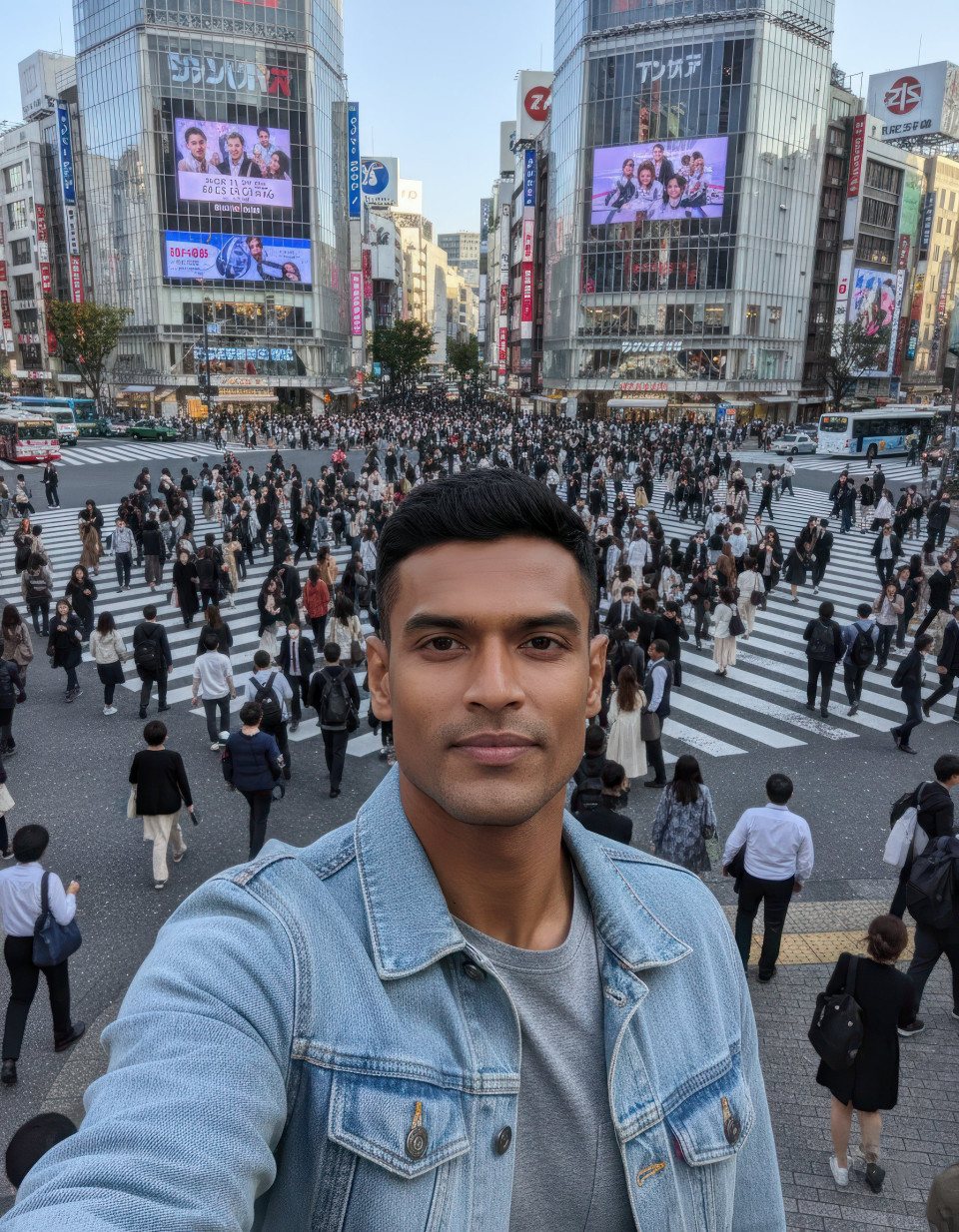 Travel selfie of solo explorer at tokyo shibuya crossing google gemini prompt