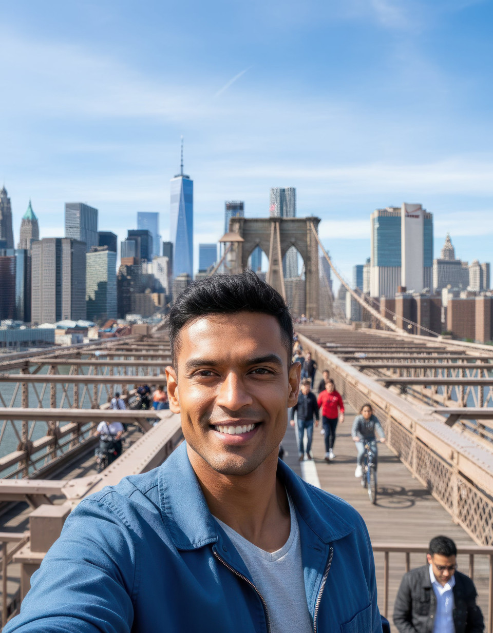 Travel selfie of city enthusiast on brooklyn bridge new york city google gemini prompt