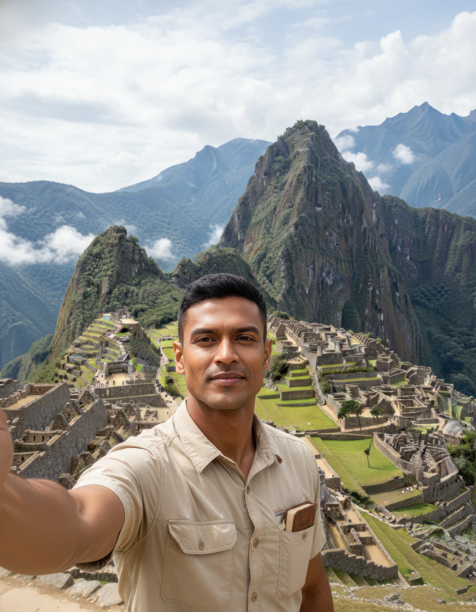 Travel selfie of history buff at machu picchu terraces google gemini prompt
