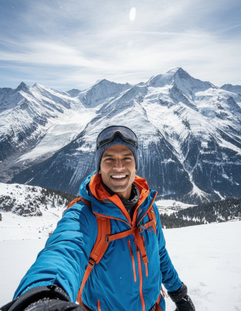 Travel selfie of mountain trekker in swiss alps snow capped peaks google gemini prompt