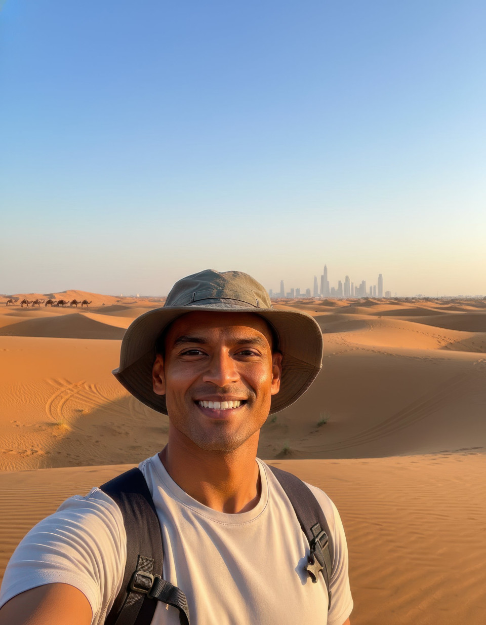 Travel selfie of adventurer in dubai desert dunes google gemini prompt