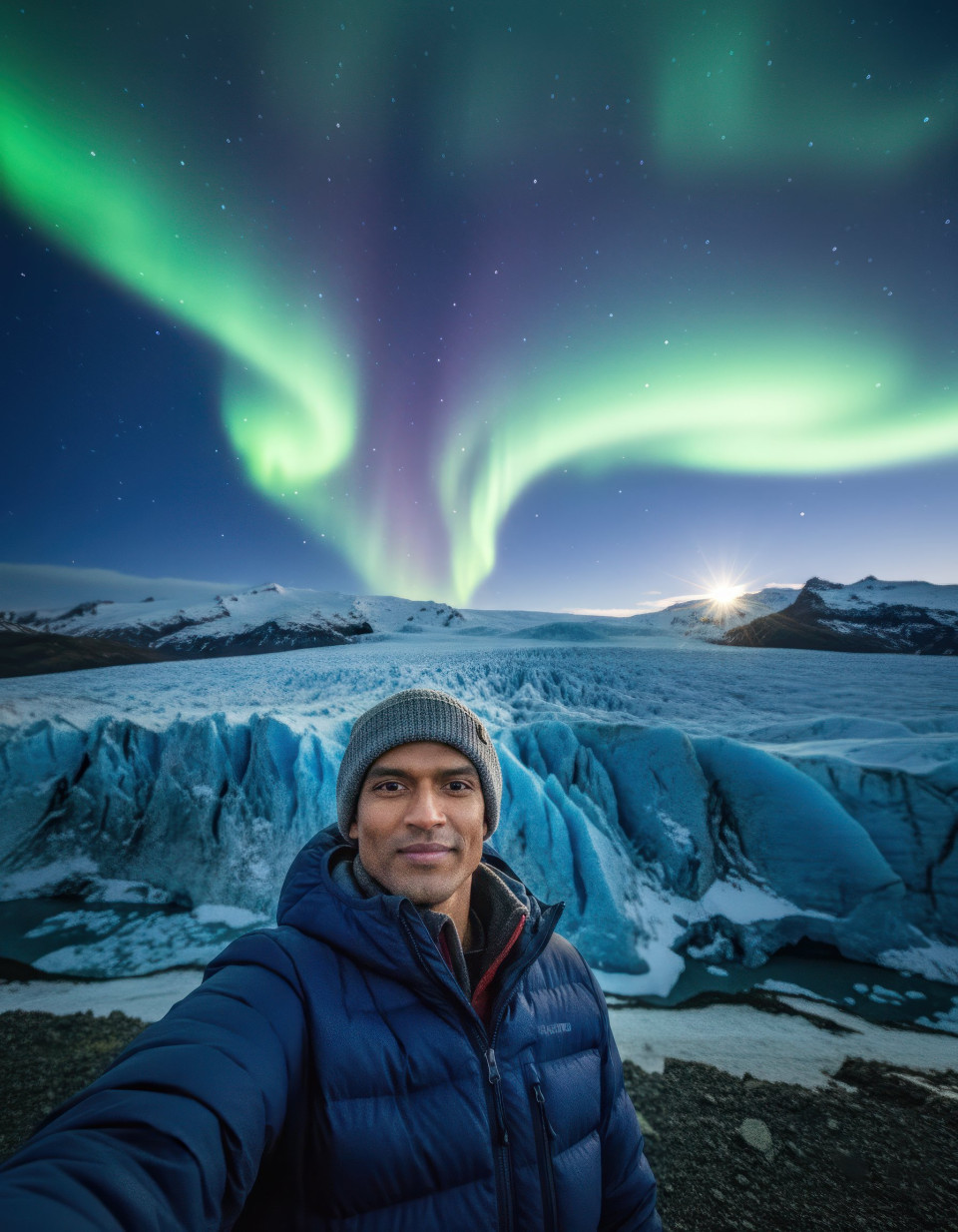 Travel selfie of stargazer under iceland northern lights google gemini prompt