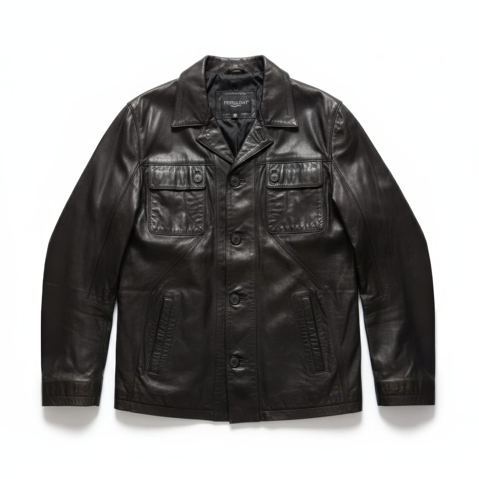 Leather jacket front view on white background google gemini prompt