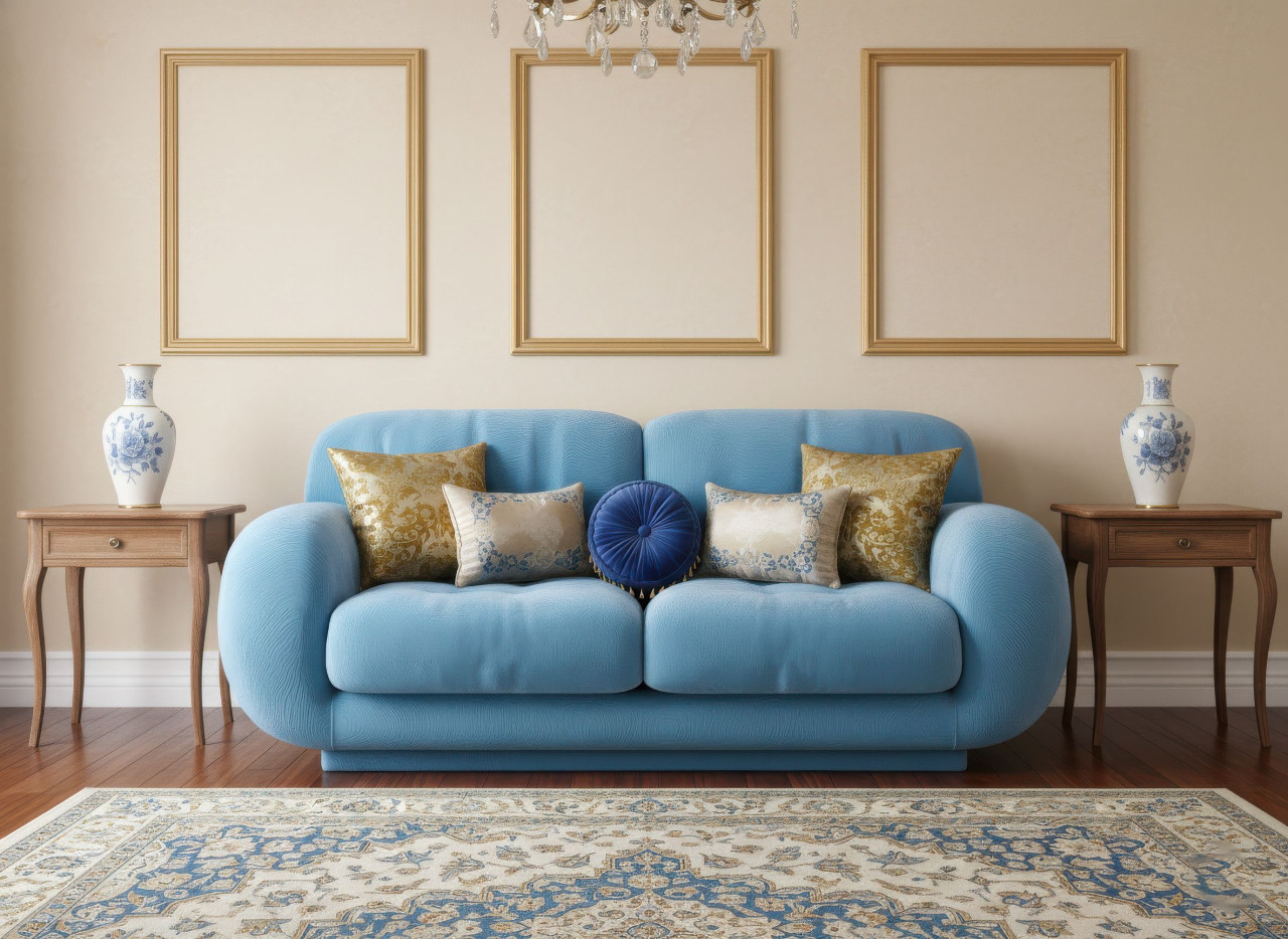 Velvet sofa in classic formal sitting room with elegant decor google gemini prompt