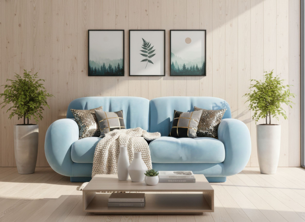 Velvet sofa in scandinavian family room with cozy decor google gemini prompt