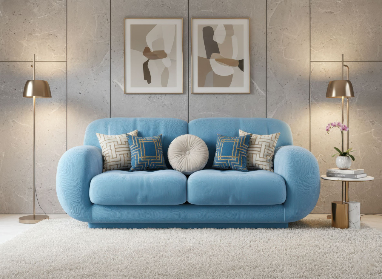 Velvet sofa in boutique lounge with upscale interior design google gemini prompt