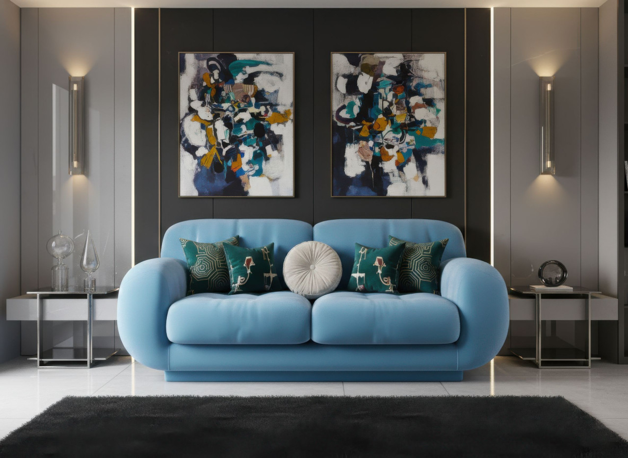 Velvet sofa in artistic loft with dramatic interior mood google gemini prompt