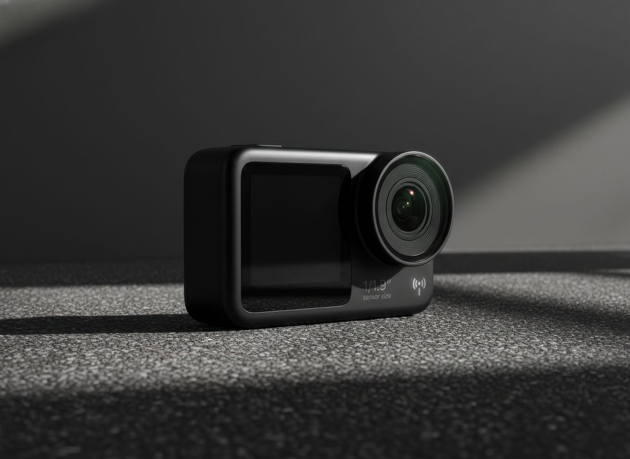 Action camera on asphalt urban product photography google gemini prompt