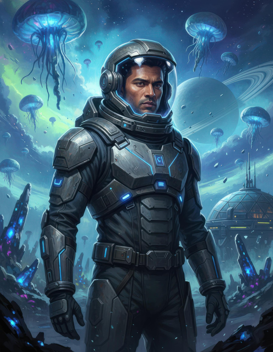 Science fiction explorer portrait on alien planet google gemini prompt