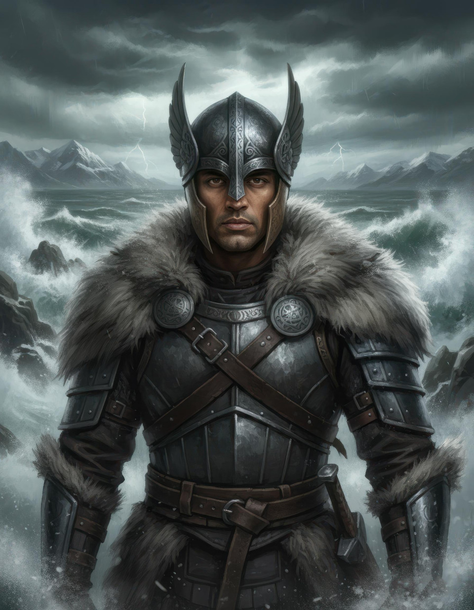 Viking warrior portrait on stormy northern coast google gemini prompt