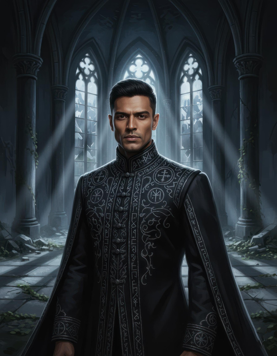 Dark gothic portrait in moonlit ruined cathedral google gemini prompt