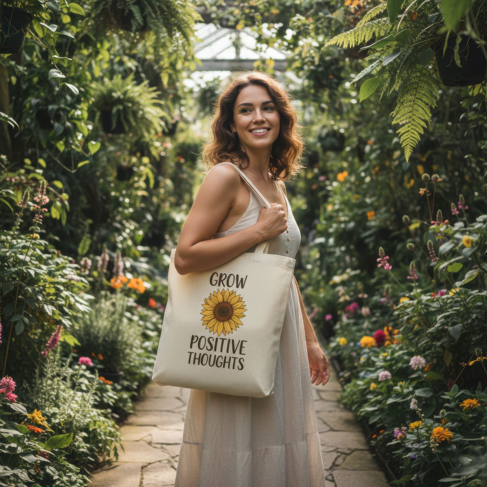 Tote bag lifestyle mockup in botanical garden walkway google gemini prompt