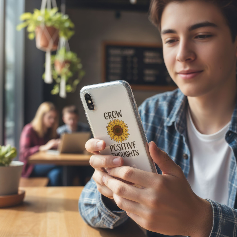 Phone case lifestyle mockup in trendy coffee shop google gemini prompt