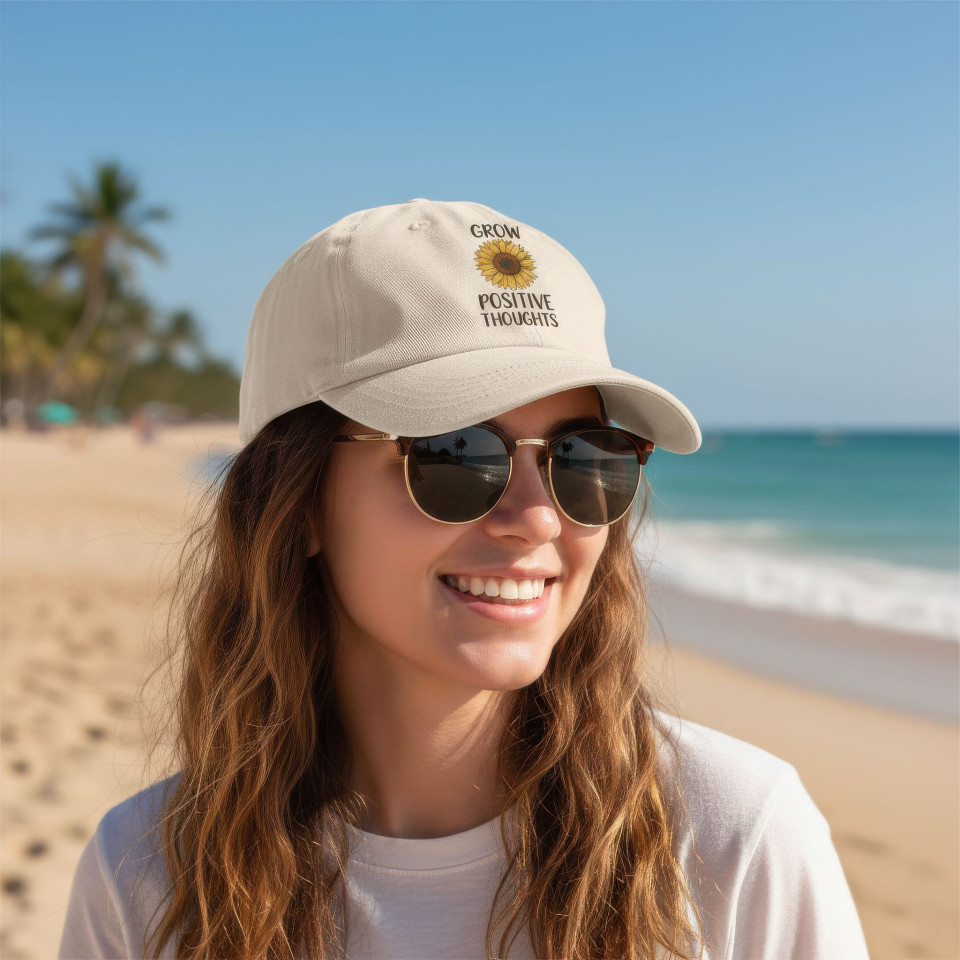 Cap lifestyle mockup on young woman at sunny beach google gemini prompt