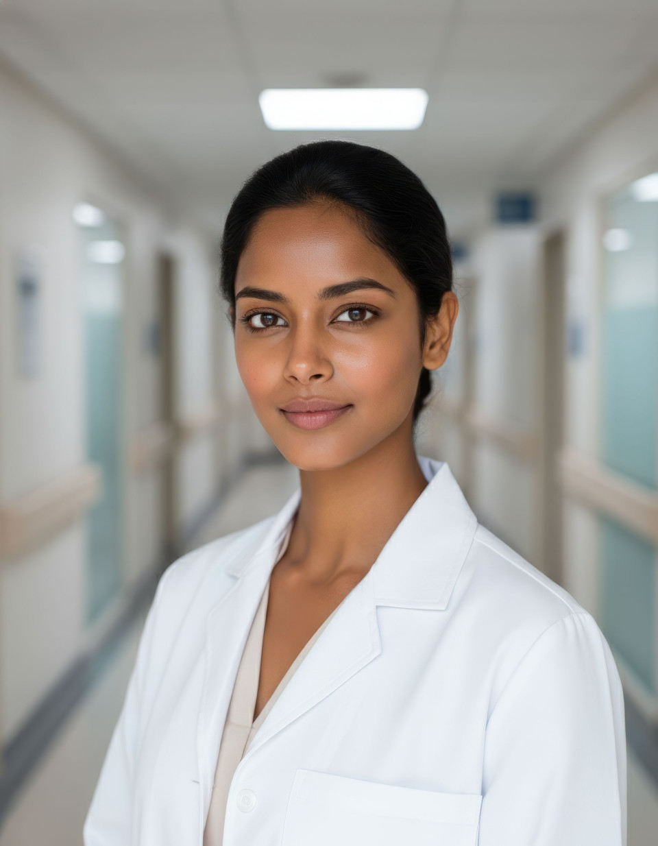 Medical researcher in hospital hallway sharp focus google gemini prompt