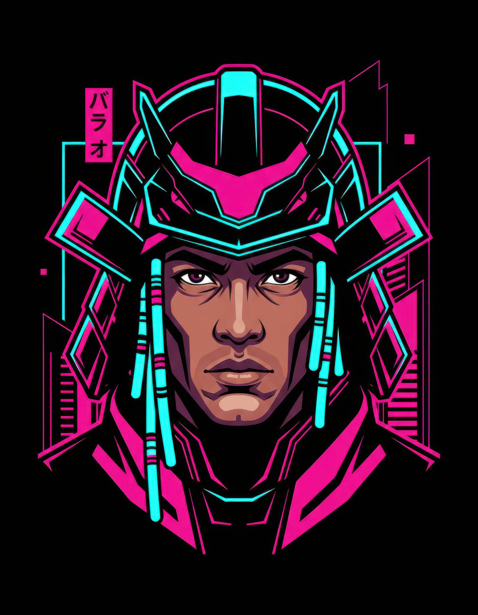 Male urban samurai digital vector art retrowave cyberpunk google gemini prompt
