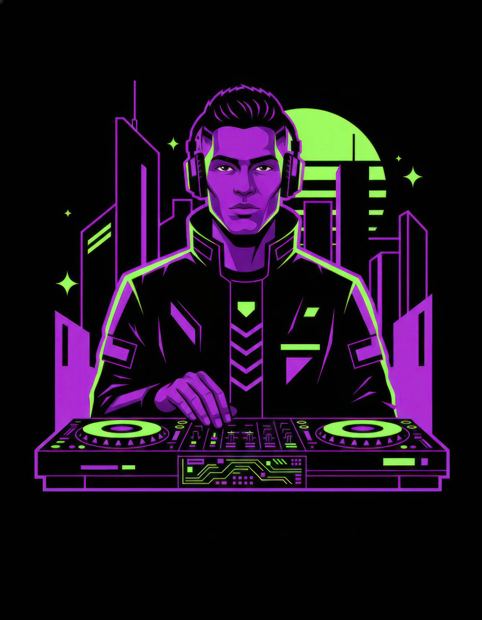 Male nightclub dj digital vector art synthwave cyberpunk google gemini prompt