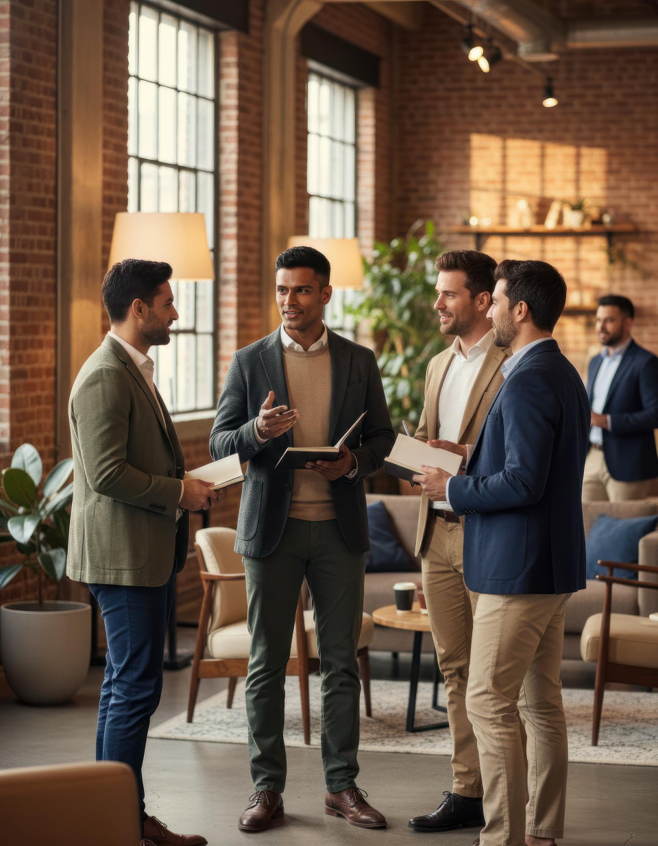 Casual business networking in creative studio cafe google gemini prompt