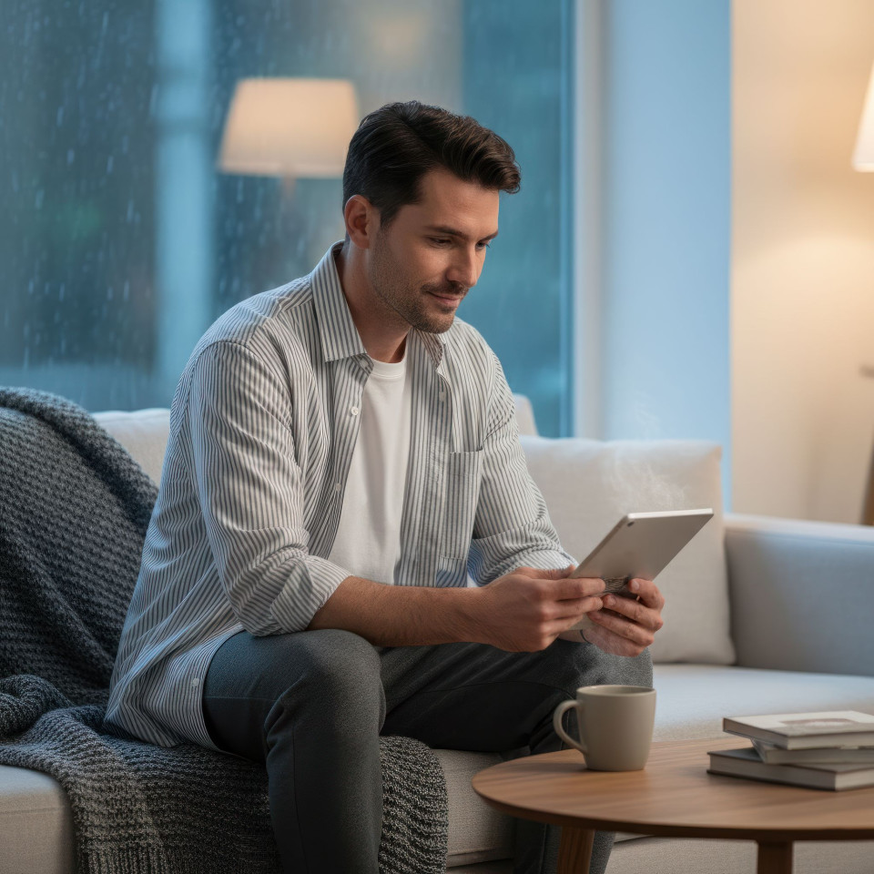 Remote worker in soft cotton lounge shirt on rainy evening google gemini prompt