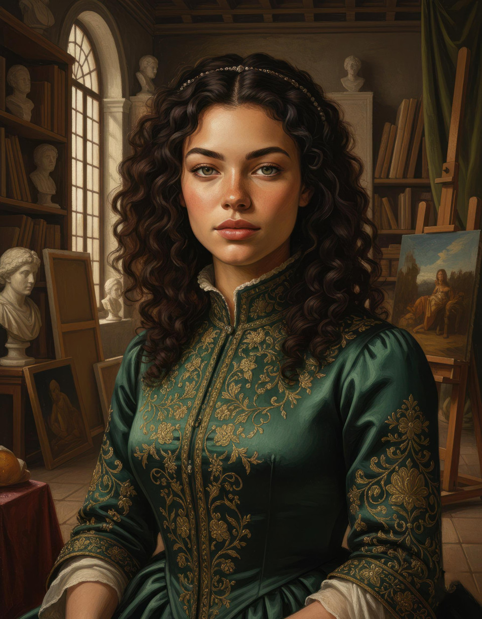 Renaissance portrait of woman in silk dress in classical art studio google gemini prompt