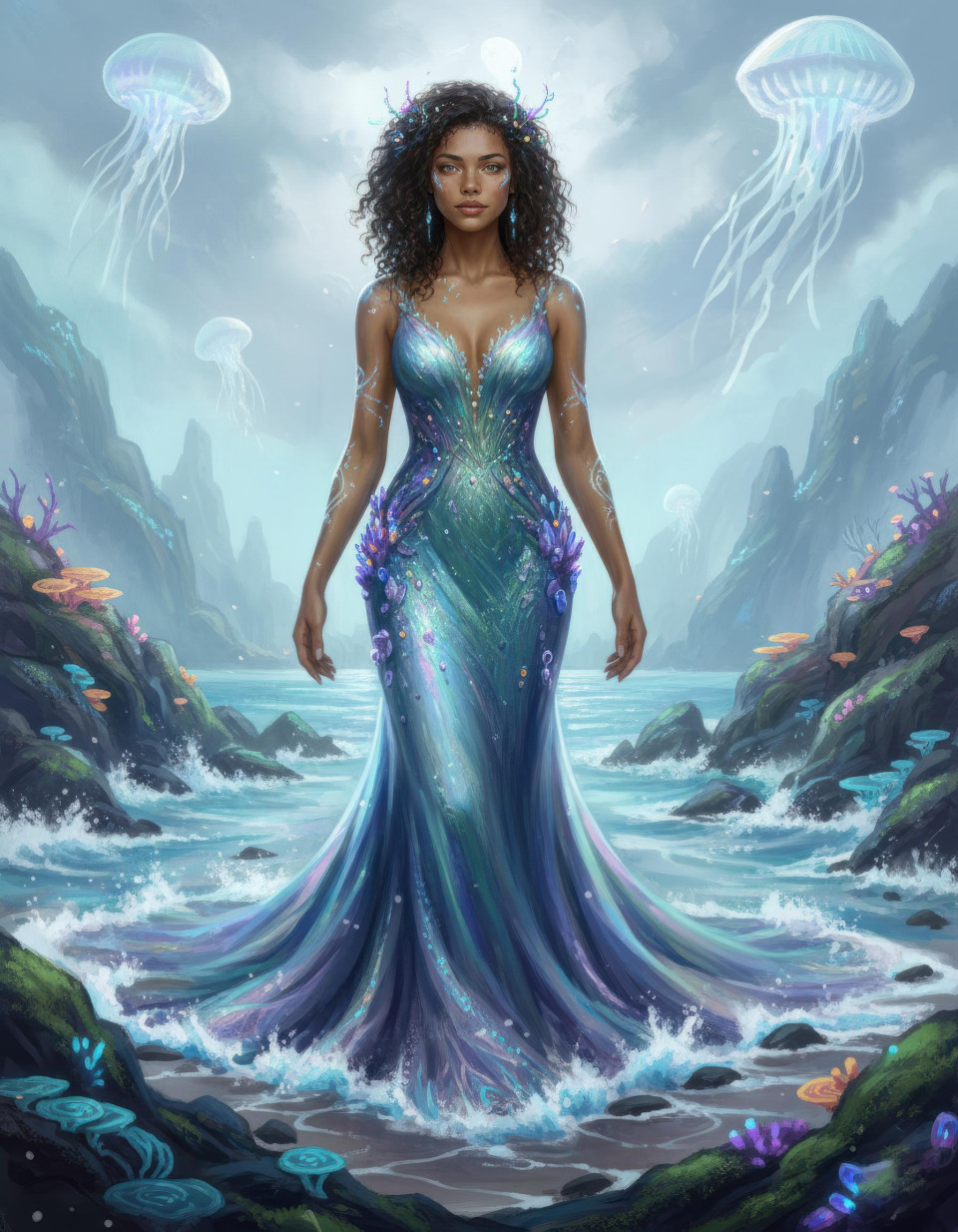 Fantasy realism portrait of woman in iridescent ocean gown on mystical shore google gemini prompt