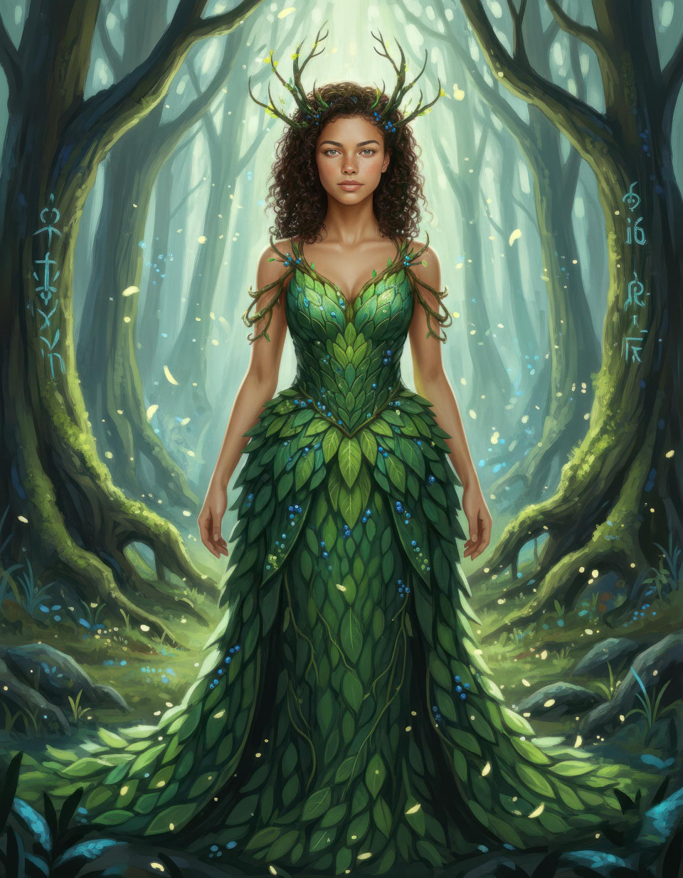 High fantasy portrait of woman in leaf gown in enchanted forest clearing google gemini prompt