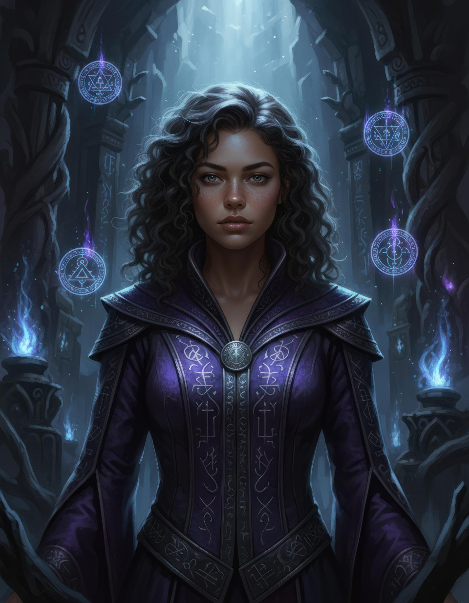 Dark fantasy portrait of woman in sorceress robe with arcane symbols google gemini prompt