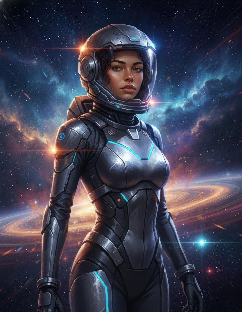 Sci fi portrait of woman in space suit with cosmic vista google gemini prompt