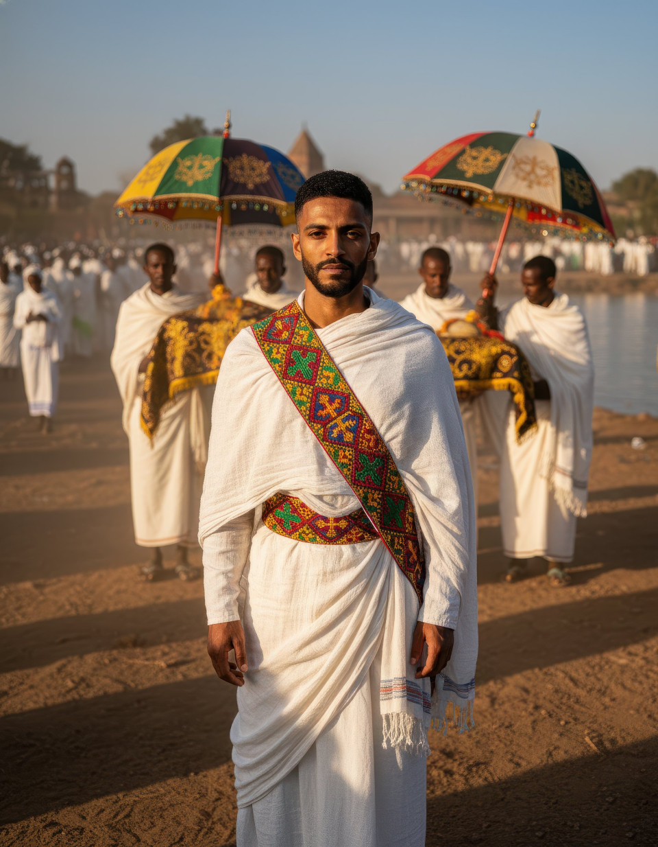Ethiopian man celebrating timkat by the lake google gemini prompt