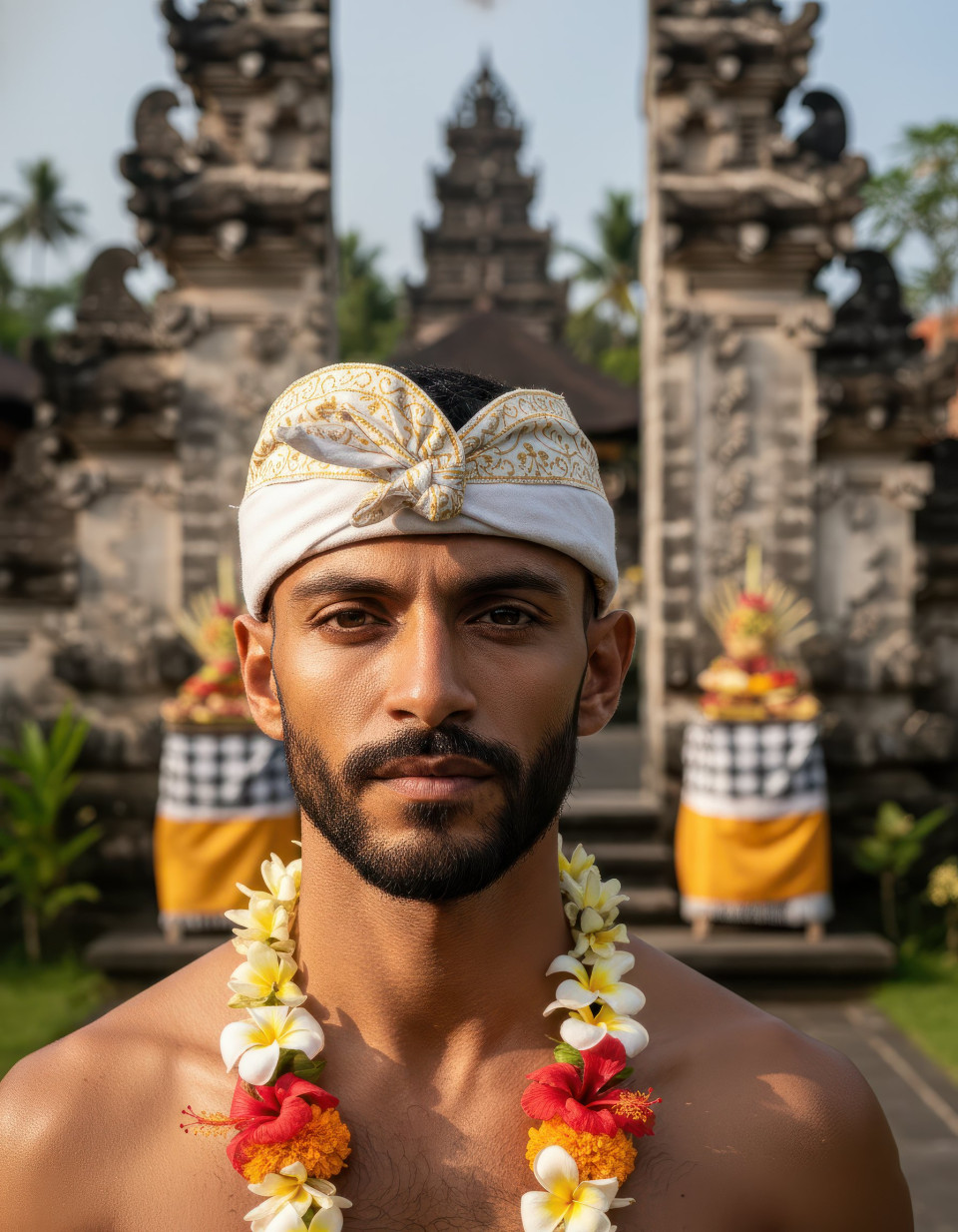 Balinese man celebrating galungan in temple pathway google gemini prompt