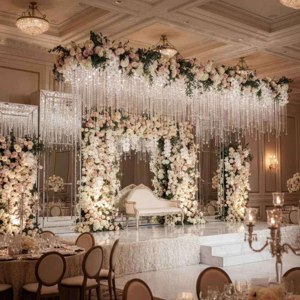 Classic glam wedding reception stage decor google gemini prompt