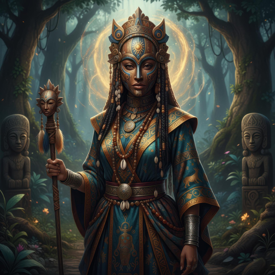 Yoruba divine mask bearer fantasy portrait cinematic realism google gemini prompt