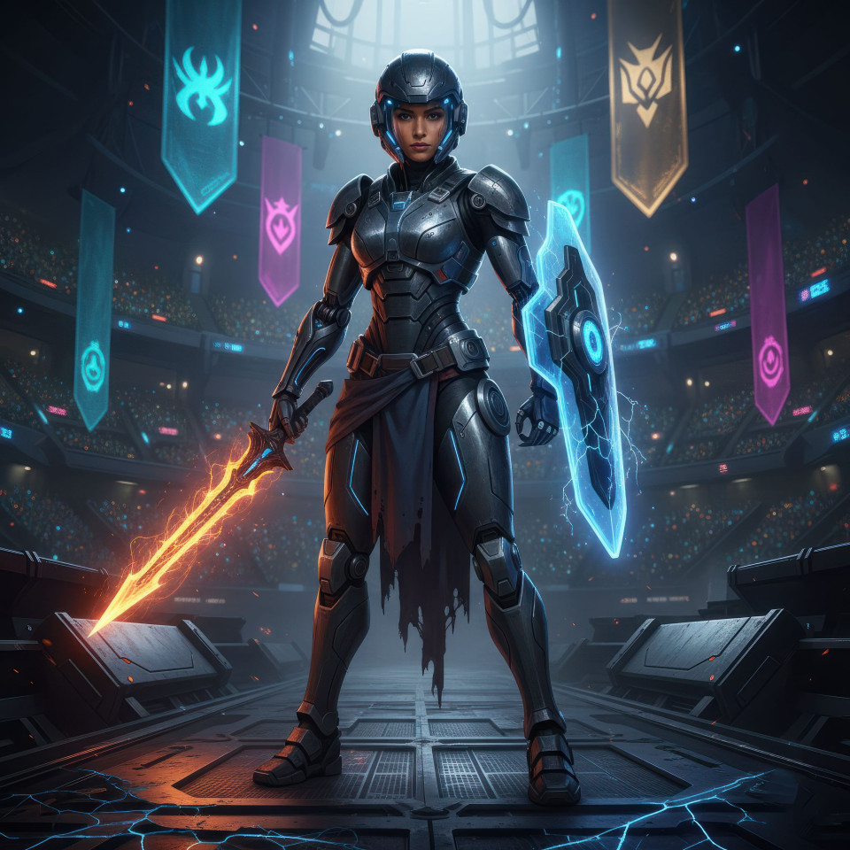 Futuristic gladiator in hologram arena google gemini prompt