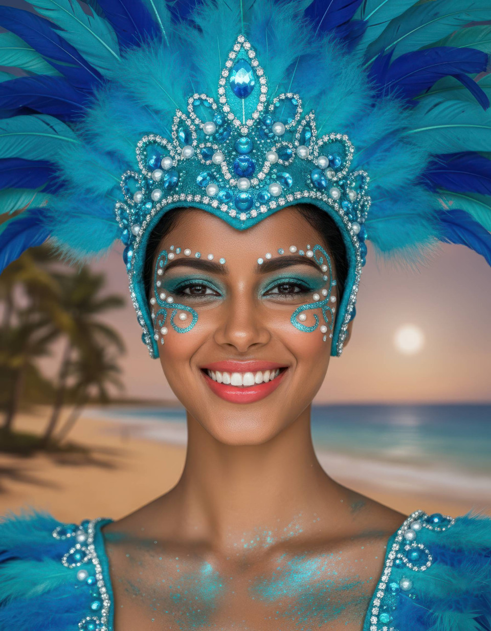 High octane brazilian carnival woman in turquoise feather headdress google gemini prompt
