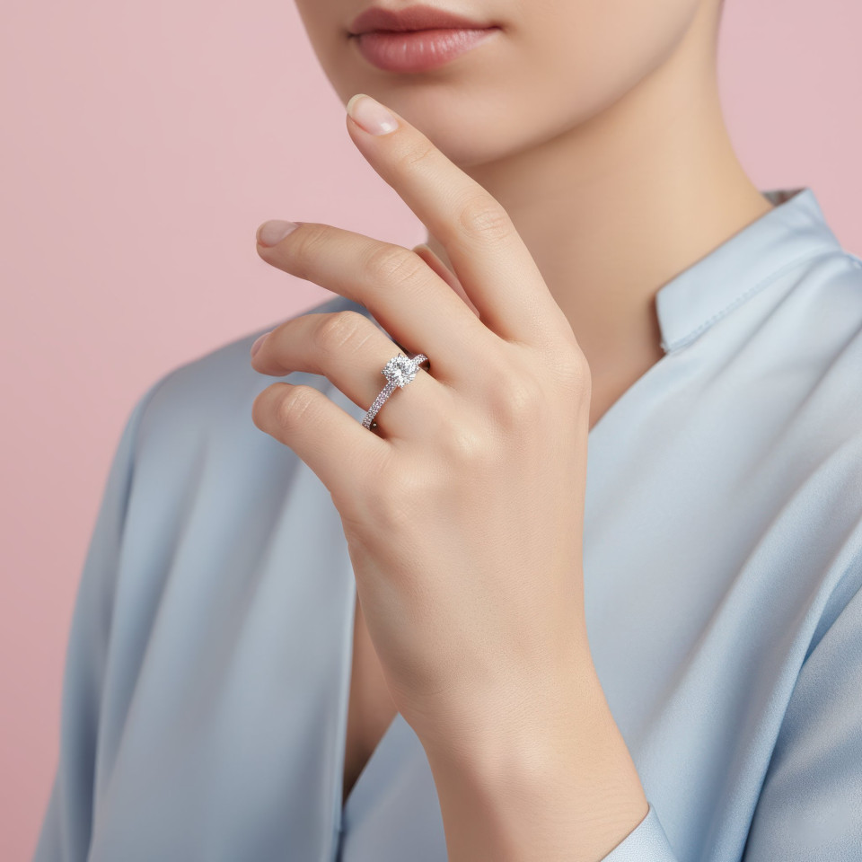 Diamond ring on young woman luxury minimal pastel background 45 degree portrait google gemini prompt