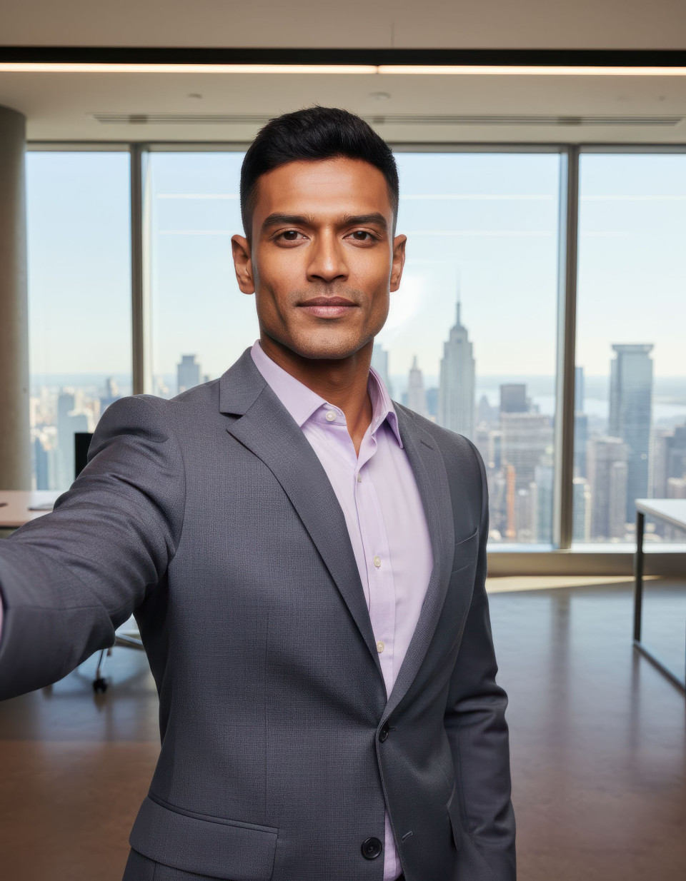 Professional business selfie in corporate tower office google gemini prompt