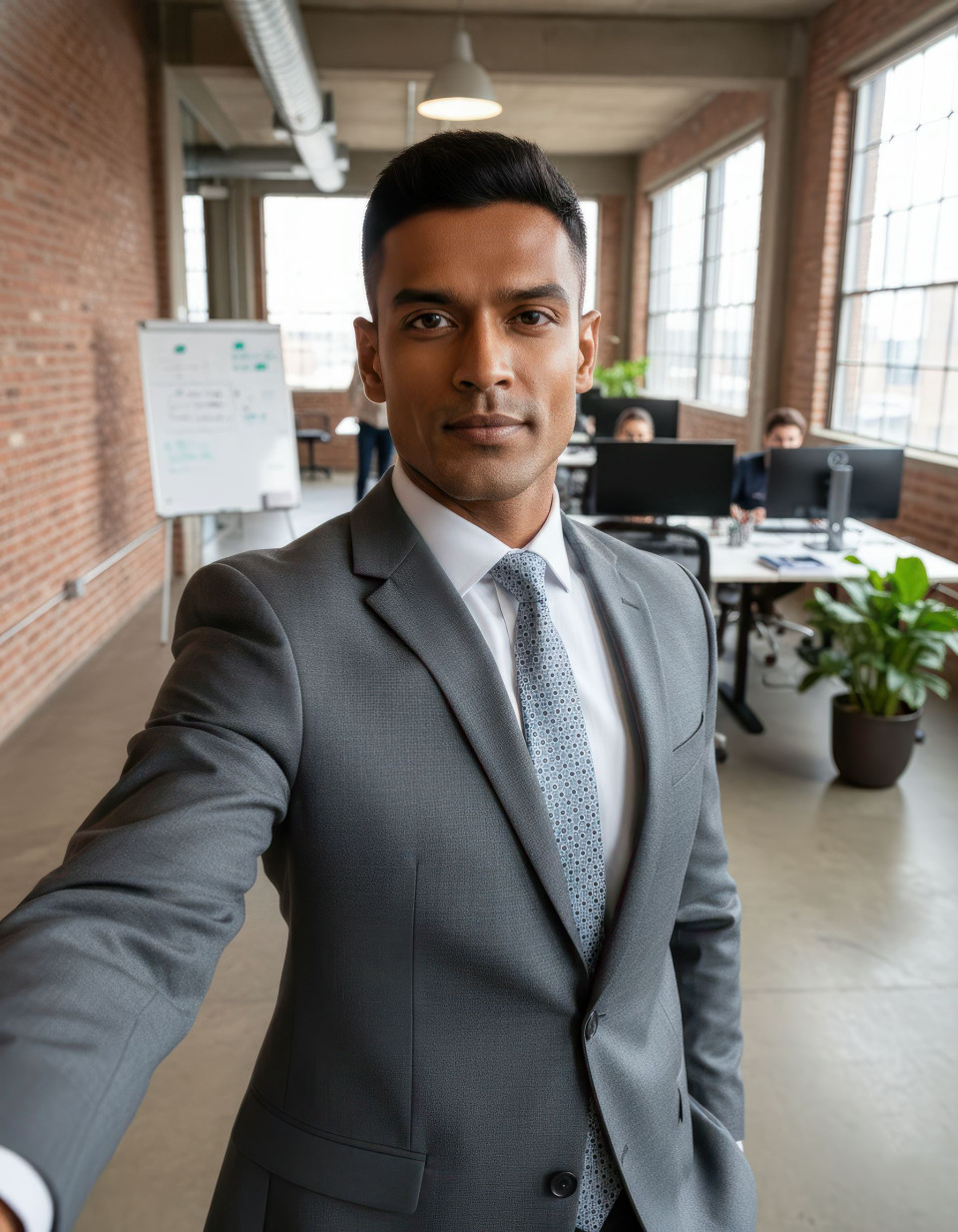 Tech professional selfie in startup office interior google gemini prompt