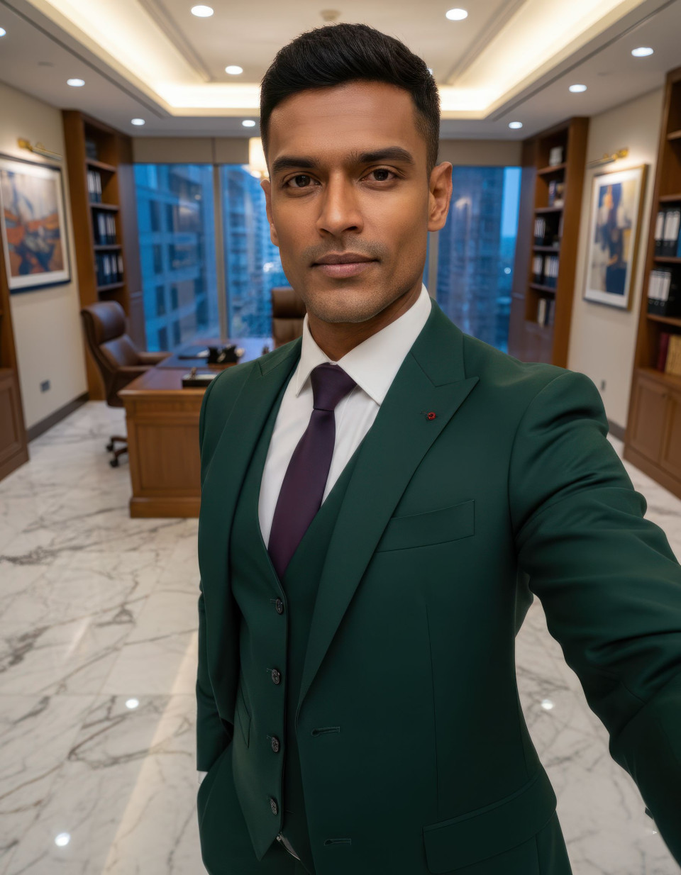 Executive selfie in luxury financial office interior google gemini prompt