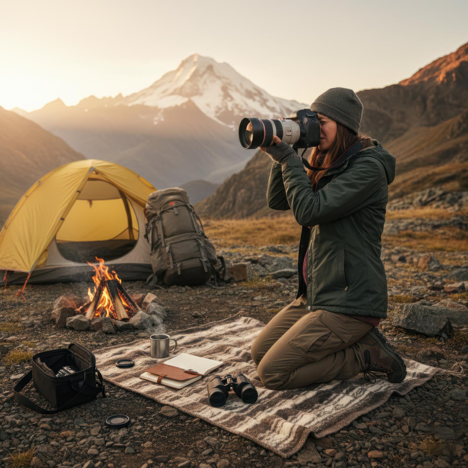 Adventure traveler using dslr camera at mountain campsite google gemini prompt