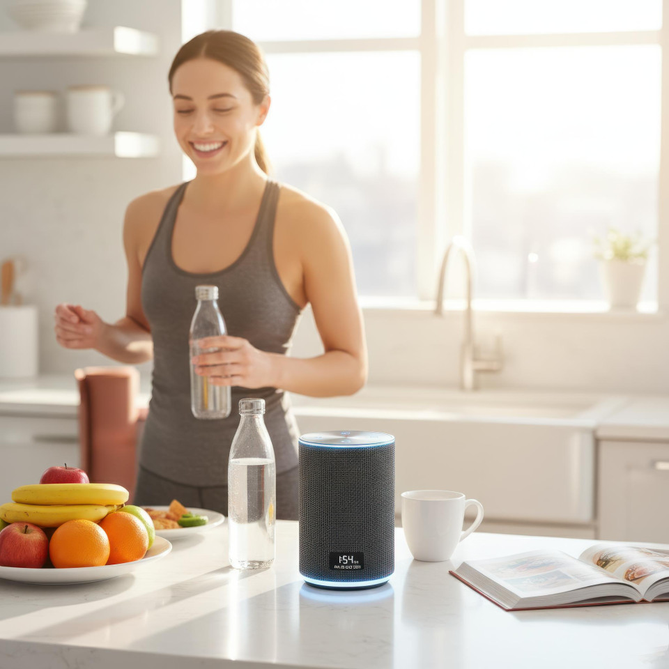 Smart speaker playing music in bright kitchen fitness space google gemini prompt