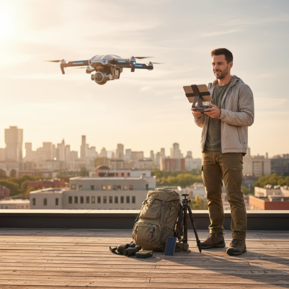 Drone exploration on urban rooftop with tech savvy adventurer google gemini prompt