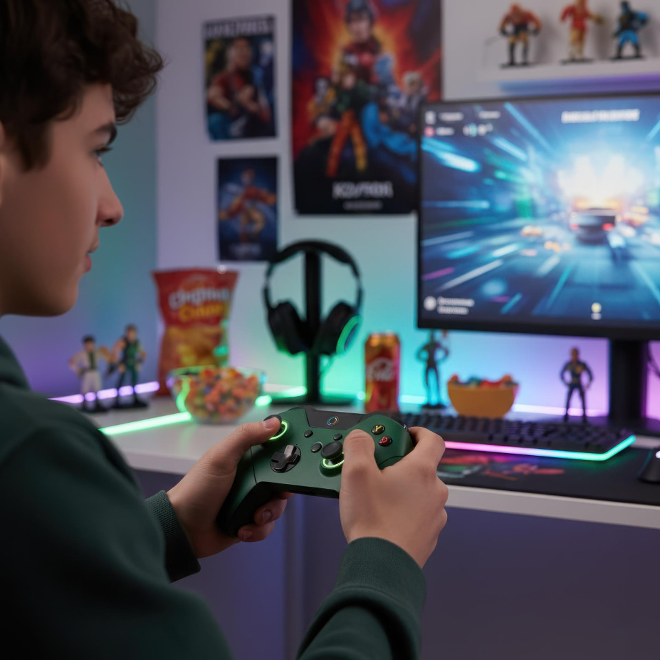 Teenage gamer playing console in colorful bedroom setup google gemini prompt