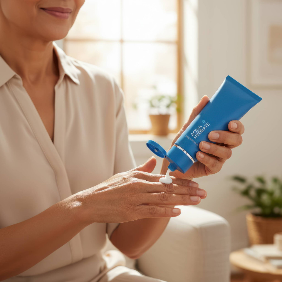 Older woman applying intensive hand moisturizer in living room google gemini prompt