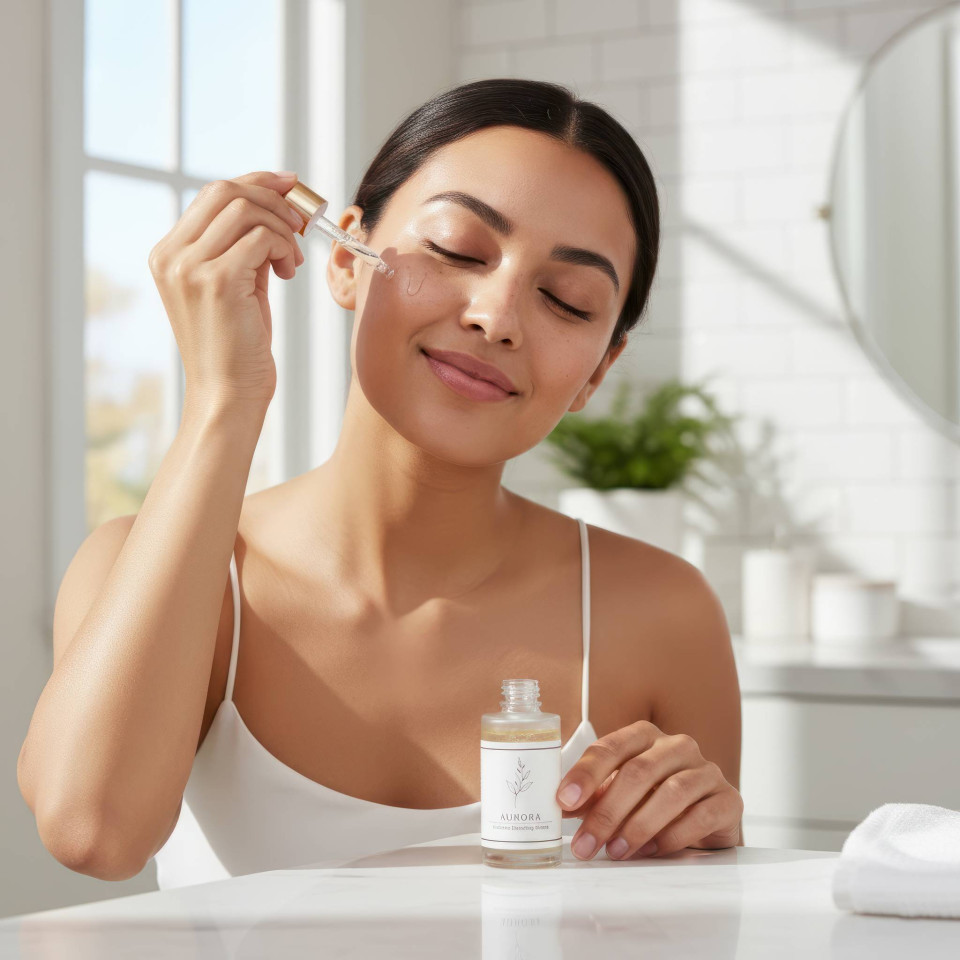 Young woman applying vitamin c face serum in modern bathroom google gemini prompt