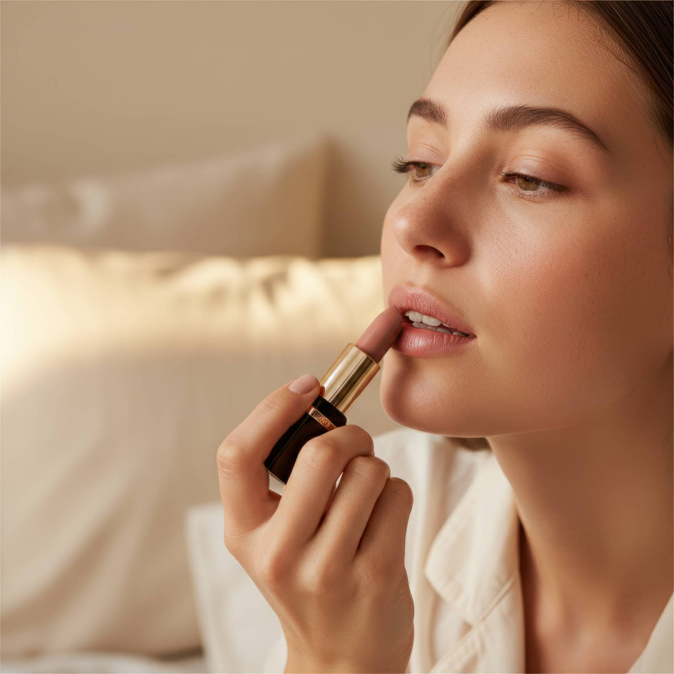 Young woman applying hydrating nude lipstick in cozy bedroom google gemini prompt